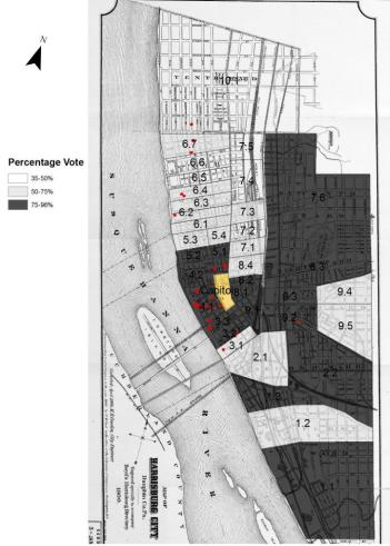 This map shows the residences (red) of some of the principal reformers in the improvement campaign of 1901-1902 against the background of how the city voted in February 1902 for the bond issue to support improvements.