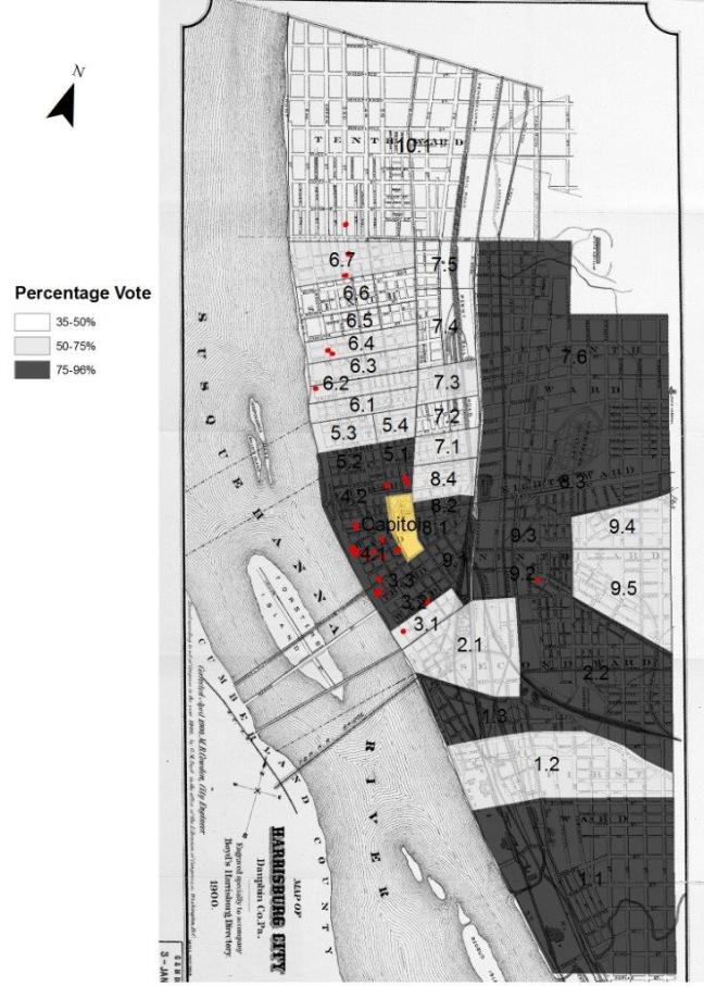 This map shows the residences (red) of some of the principal reformers in the improvement campaign of 1901-1902 against the background of how the city voted in February 1902 for the bond issue to support improvements.